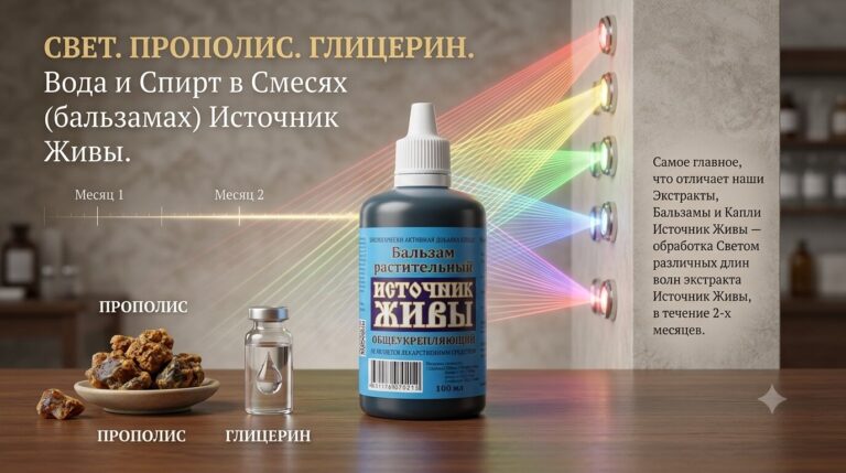 Свет, прополис, глицерин, вода и спирт в смесях (бальзамах) «Источник Живы»
